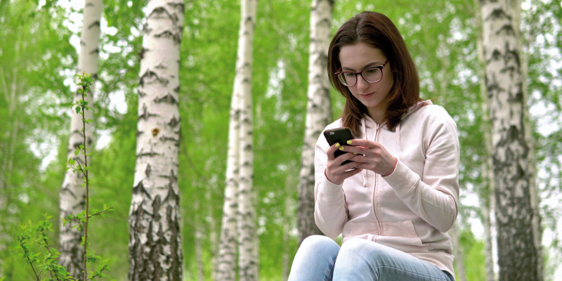 The picture shows a young women sitting in a birch wood. Her gaze is focused on a smartphone.