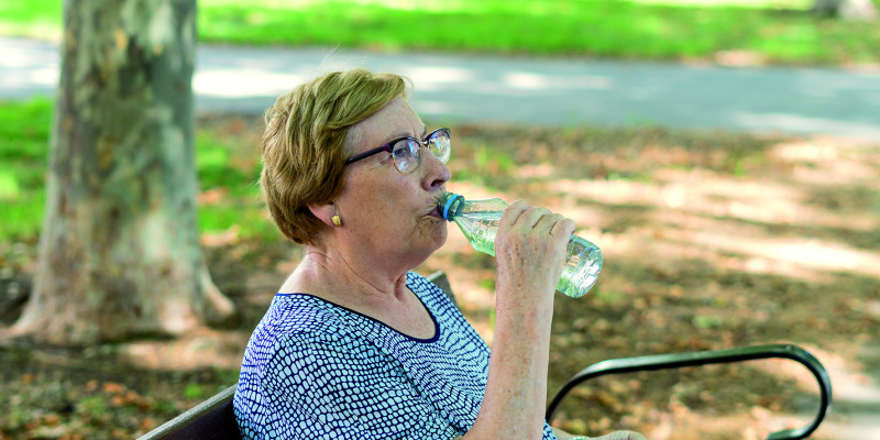 The picture shows an elderly woman sitting on a park bench in the shade of a tree, taking a drink from a bottle of water. 