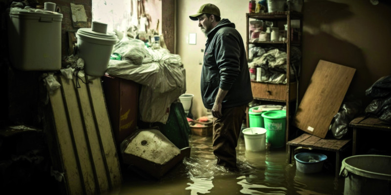 The picture shows a man standing in a flooded cellar, kneedeep in brown water. There are tins, cartons and flowerpots visible on a rack of shelves. Some synthetic buckets are standing in front of this rack with floodwater lapping round them. The man is looking at additional containers, pallets and synthetic bags piled up in front of him.