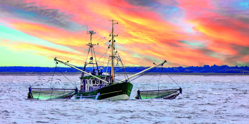 The picture shows a crab trawler in the North Sea. There is a beam trawl hanging down from the ship’s side. In the background, the shoreline and a lighthouse are visible.