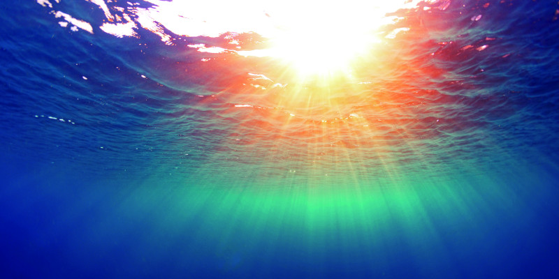 The picture shows a view of the surface of the sea from below. The sun’s rays are beaming through the water’s surface. The sea is coloured dark blue to turquoise-green.