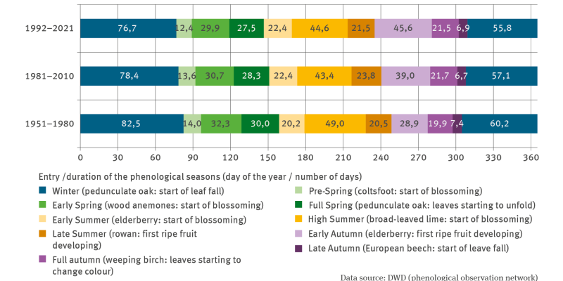 The illustration contains a stacked column chart which shows the beginning and duration of the phenological seasons for the periods of 1951 to 1980, 1981 to 2010 and 1992 to 2021. This demonstrates that, by comparison, winter has become shorter which also applies to spring and high summer. The early summer has become longer by approximately two days. 