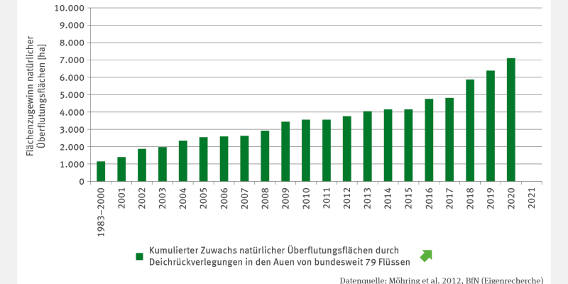 Die Abbildung BD-R-2 "Rückgewinnung natürlicher Überflutungsflächen" stellt in Form von Säulen die Rückgewinnung natürlicher Überflutungsflächen durch Deichrückverlegung von 1983/2000 bis 2020 dar. Für 2020 wird eine kumulierte Fläche von etwas mehr als 7.000 Hektar ausgewiesen. Die Zeitreihe zeigt einen signifikant steigenden Trend. 