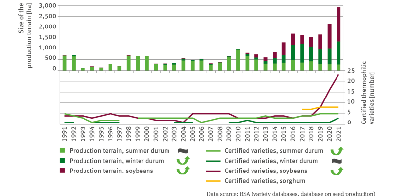 The illustration contains a biaxial chart. The chart illustrates, by means of lines for 1991 to 2021, the number of the varieties – of summer durum wheat, winter durum, soybeans and sorghum – certified. In recent years, the number of certified varieties in respect of all crops has risen – significantly so – in respect of soybeans and summer durum. 