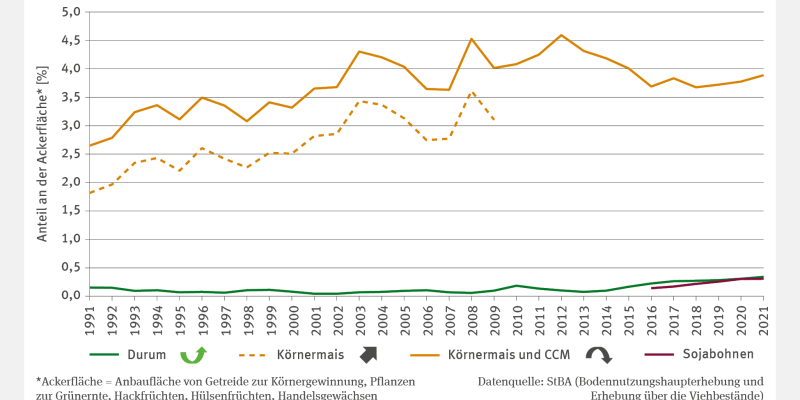 Das Liniendiagramm LW-R-4 "Anbau wärmeliebender Ackerkulturen" zeigt die Entwicklung des Anteils von Durum, Körnermais, CCM und Sojabohnen an der Ackerfläche von 1991 bis 2021. Körnermais und CCM nahmen bis 2012 zu, danach signifikant ab und erreichten 2021 etwa 4 %. Der Anbau von Durum ist signifikant steigend und lag 2021 bei knapp 0,4 %. Sojabohnen hatten ebenfalls einen Anteil von knapp 0,4 %, für eine Trendberechnung ist die Zeitreihe zu kurz.