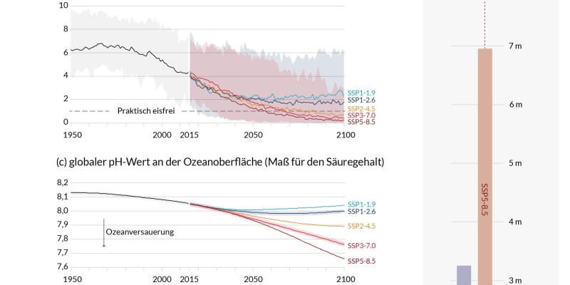 Änderungen verschiedener Erdsystemelemente wie die arktische Meereisfläche, der globale pH-Wert der Ozeane oder der mittlere globale Meeresspiegel als Folge globaler Temperaturänderungen in Vergangenheit und Zukunft