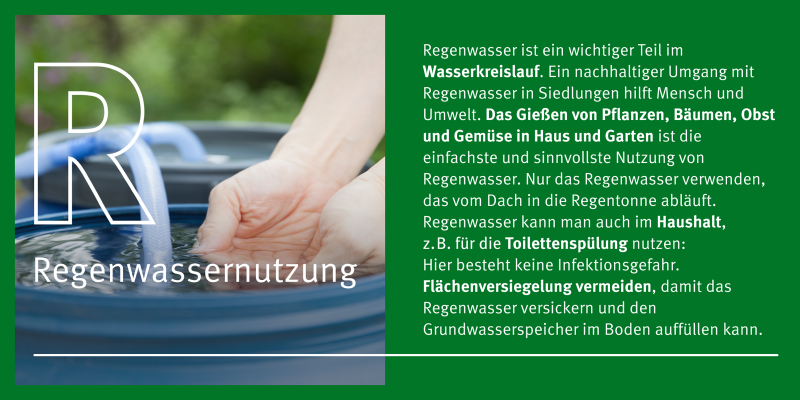 Eine Grafik mit einem Bild und Text. Es handelt sich hier um das Thema Regenwassernutzung.