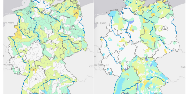 Die Abbildung zeigt zwei Karten: Links ist die mittlere TFA-Mediankonzentration je Flusseinzugsgebiet zu sehen, rechts die mittlere TFA-Mediankonzentration je Grundwasserkörper