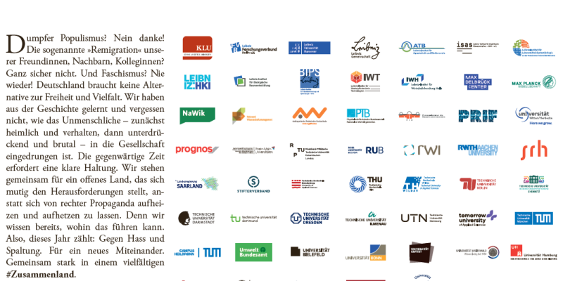 Ausschnitt einer aktuellen Anzeige aus DIE ZEIT der Kampagne #Zusammenland. Zusammen mit 350 Wissenschaftsinstitutionen beteiligt sich das UBA an der Initiative „Zusammenland“ für Demokratie, Zusammenhalt und Mitmenschlichkeit. Zu sehen sind die Logo der teilnehmenden Institutionen. 