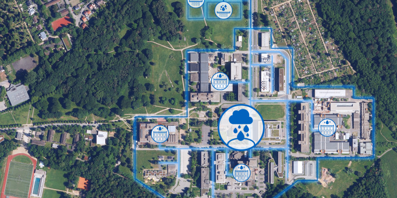 Senkrechtaufnahme des Campus Lichtwiese (Satellitenbild) mit Konzeptgrafik