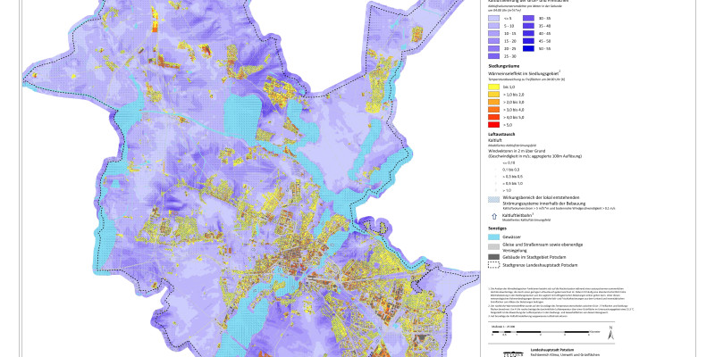 Karte von Potsdam zum Stadtklima in Bezug auf Hitze