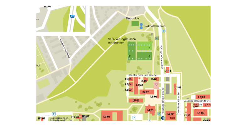 Ausschnitt Lageplan Campus Lichtwiese als Symbolgrafik mit eingetragener Regenwasserbewirtschaftungsanlage