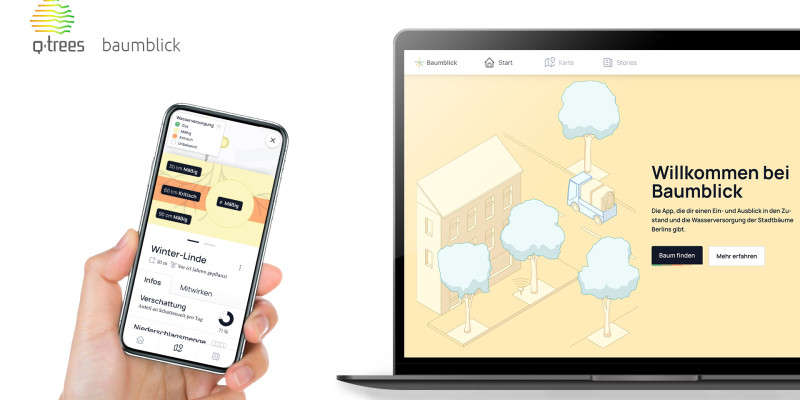 Auf dem Bild sieht man ein Handy sowie einen Laptop, auf denen die App "Baumblick" sichtbar ist.