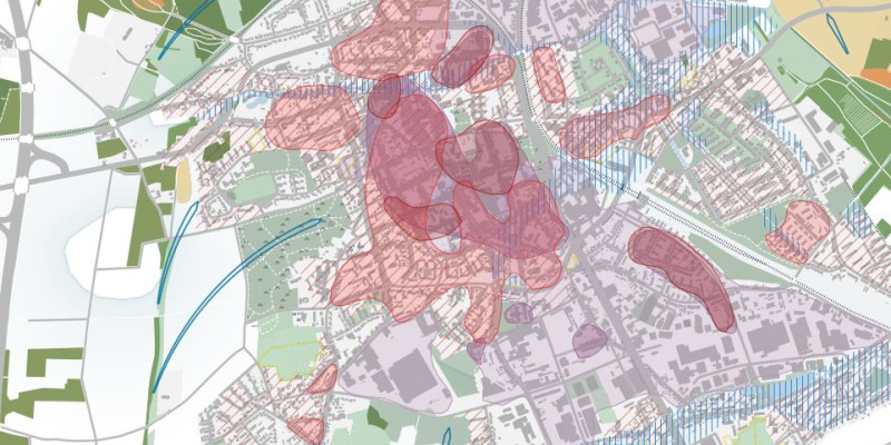 Hot-Spot-Karte: Kartenausschnitt Stadt Viersen mit roten rundförmigen Markierungen der Hotspots.