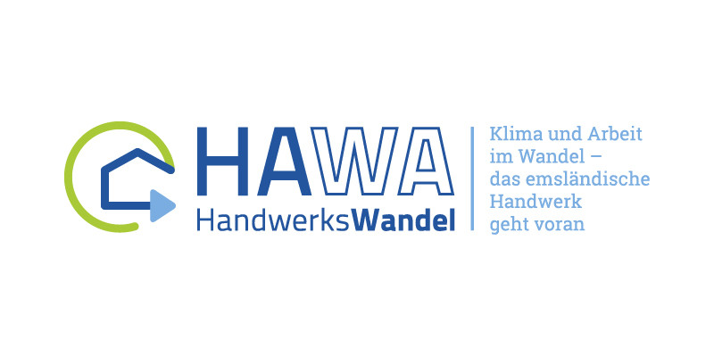 Logo: Projekt Klimaanpassung für Bau- und SHK-Betriebe in blauer Schrift und gelb unterlegt.