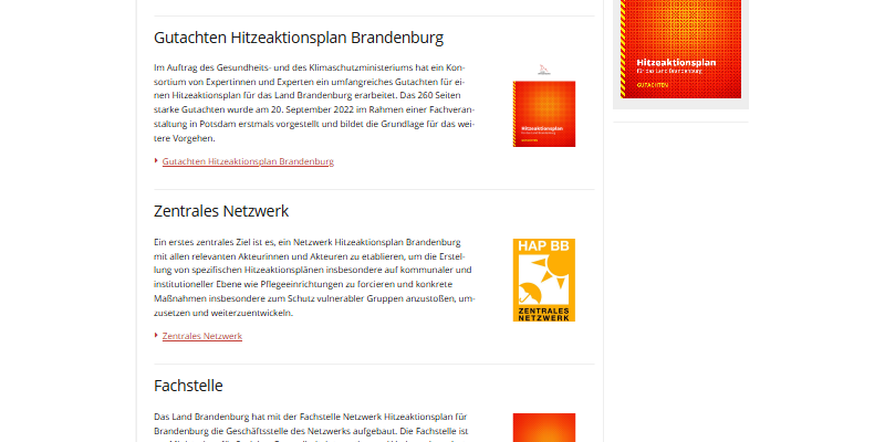 Überblick über den Aufbau der ministeriellen Webseite zum Hitzeschutz des Landes Brandenburg.