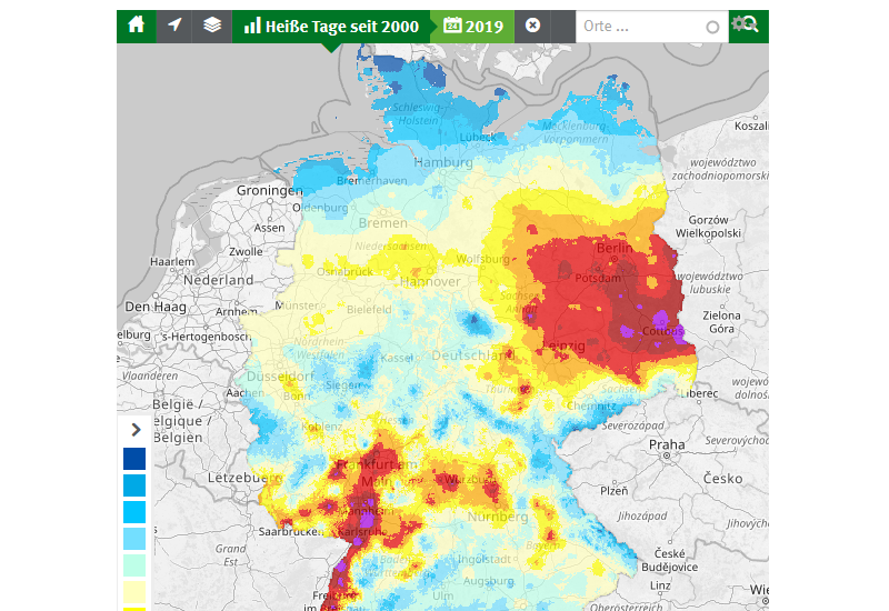 Screenshot zur Kartenanwendung "Heiße Tage und Tropennächte"