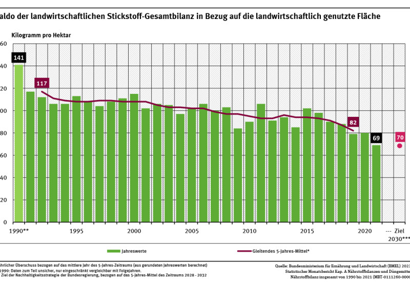 Ein Diagramm zeigt den zeitlichen Verlauf des Stickstoffüberschusses zwischen 1990 und 2021 für Einzeljahre und im gleitenden 5-Jahresmittel. Erkennbar ist eine Abnahme im 5-jährigen Mittel von 117 auf 82 Kilogramm pro Hektar und Jahr. Das Ziel für 2030 sind 70 Kilogramm pro Hektar und Jahr.