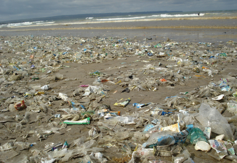 beach with a lot of plastic waste coming from the sea