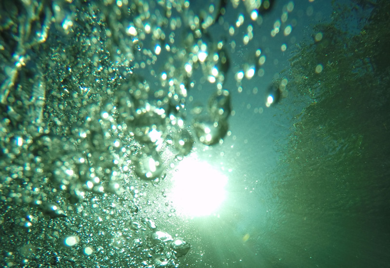 Luftblasen erheben sich beim Tauchen Richtung Wasseroberfläche und Sonne
