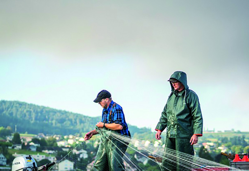 The picture shows two men in waterproof working clothes standing in a small boat on Lake Constance. One of them is holding a fishing net. He seems to be pulling it out of the water. In the background, the lakeshore and a settlement are visible.