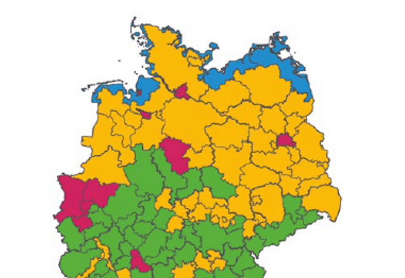 Die Abbildung "Touristische Großräume in Deutschland" zeigt eine Karte der Reisegebiete in Deutschland, die fünf touristischen Großräumen zugeordnet sind: Alpen und Alpenvorland, Küste sowie urbane Gebiete sind Regionen mit sehr spezifischen Eigenschaften. Mittelgebirge sowie übrige Gebiete sind großflächig und heterogen. 