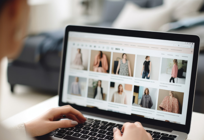 Eine Person guckt auf eine Website im Laptop, auf der Kleidung zum Kauf angeboten wird