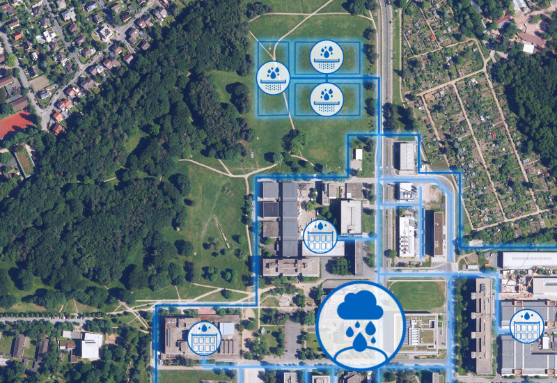 Senkrechtaufnahme des Campus Lichtwiese (Satellitenbild) mit Konzeptgrafik