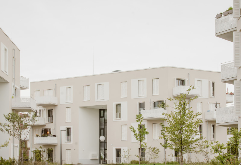 Der Blick geht auf die Außenanlagen im Quartier. Weiße quadratischen Wohngebäudekomplexe stehen in einer begrünten Wohnanlage.