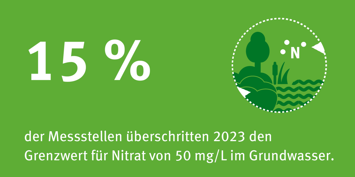 Infografik: 2023 wurde an 15 % der Messstellen der Grenzwert für Nitrat von 50 mg pro Liter überschritten.