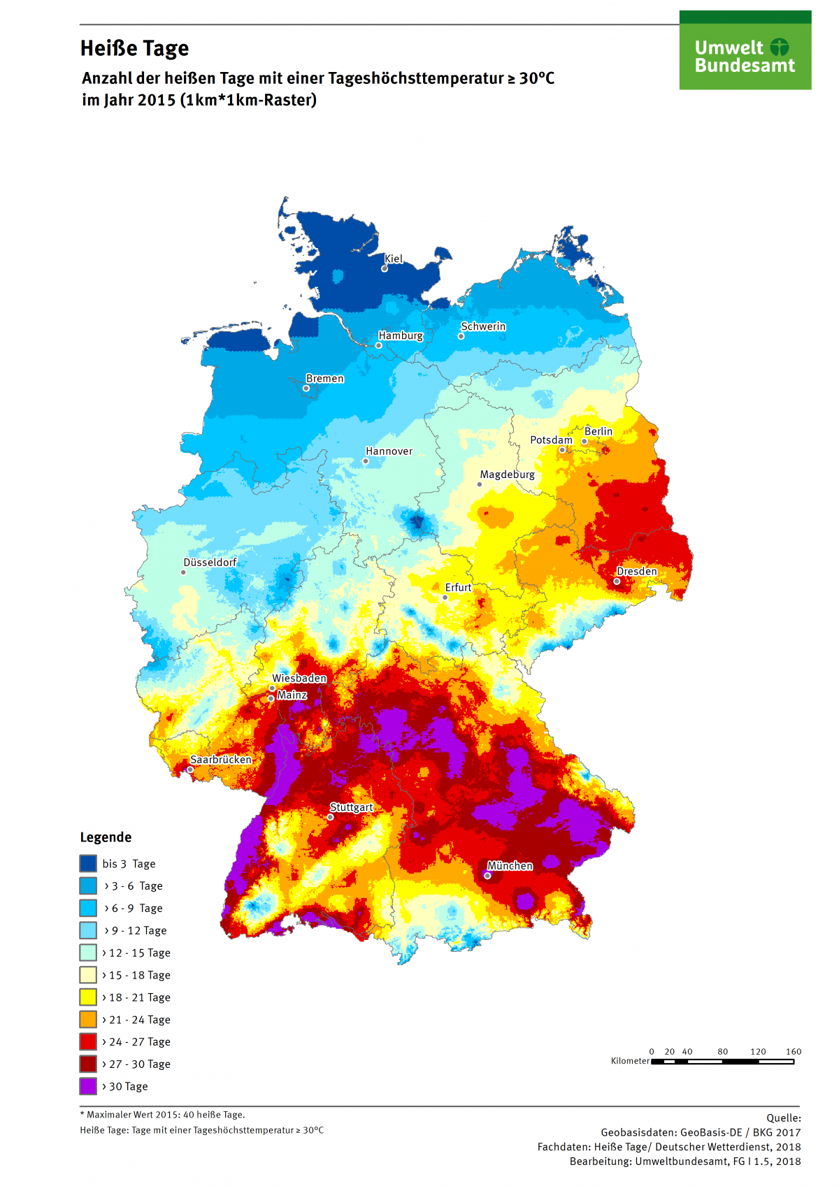 Karte: Heiße Tage - Anzahl der Heißen Tage mit einer