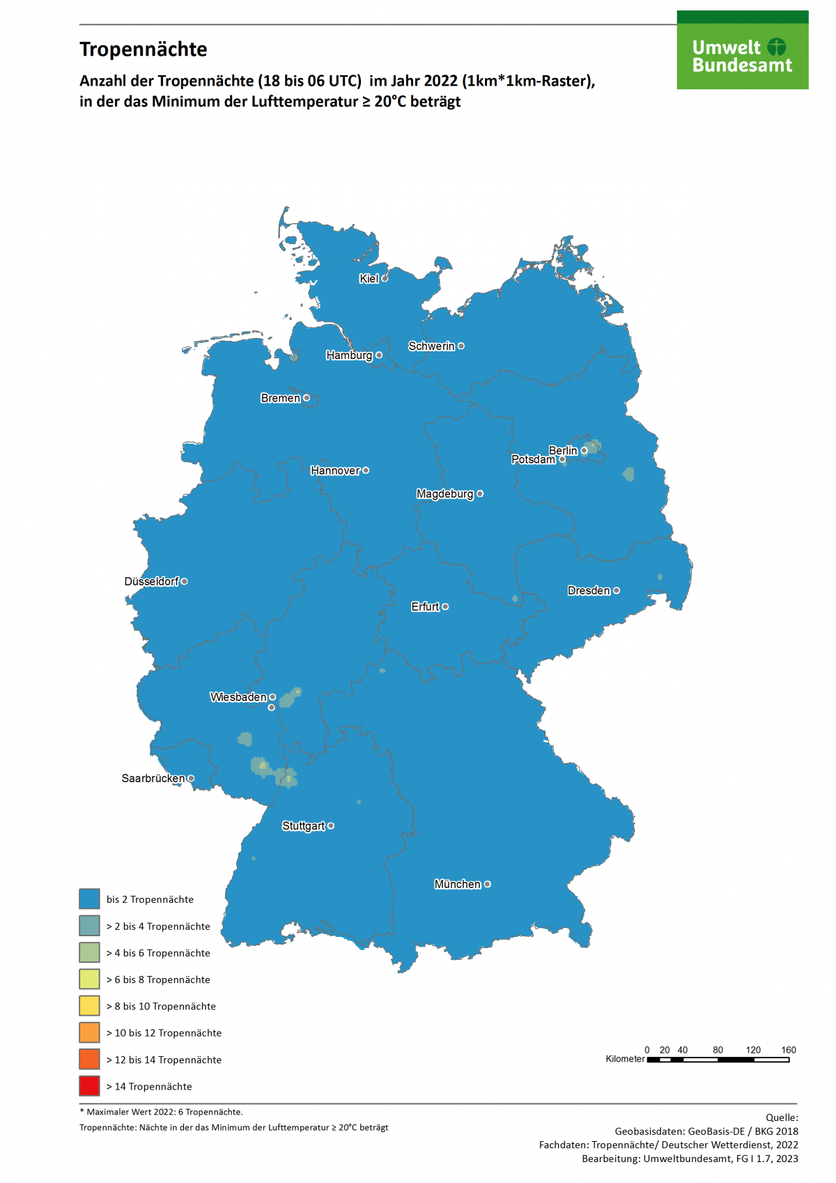 Die Karte zeigt die Anzahl der Tropennächte in Deutschland im Jahr 2022. In diesem Jahr gab es in einzelnen Regionen bis zu 9 Tropennächte.