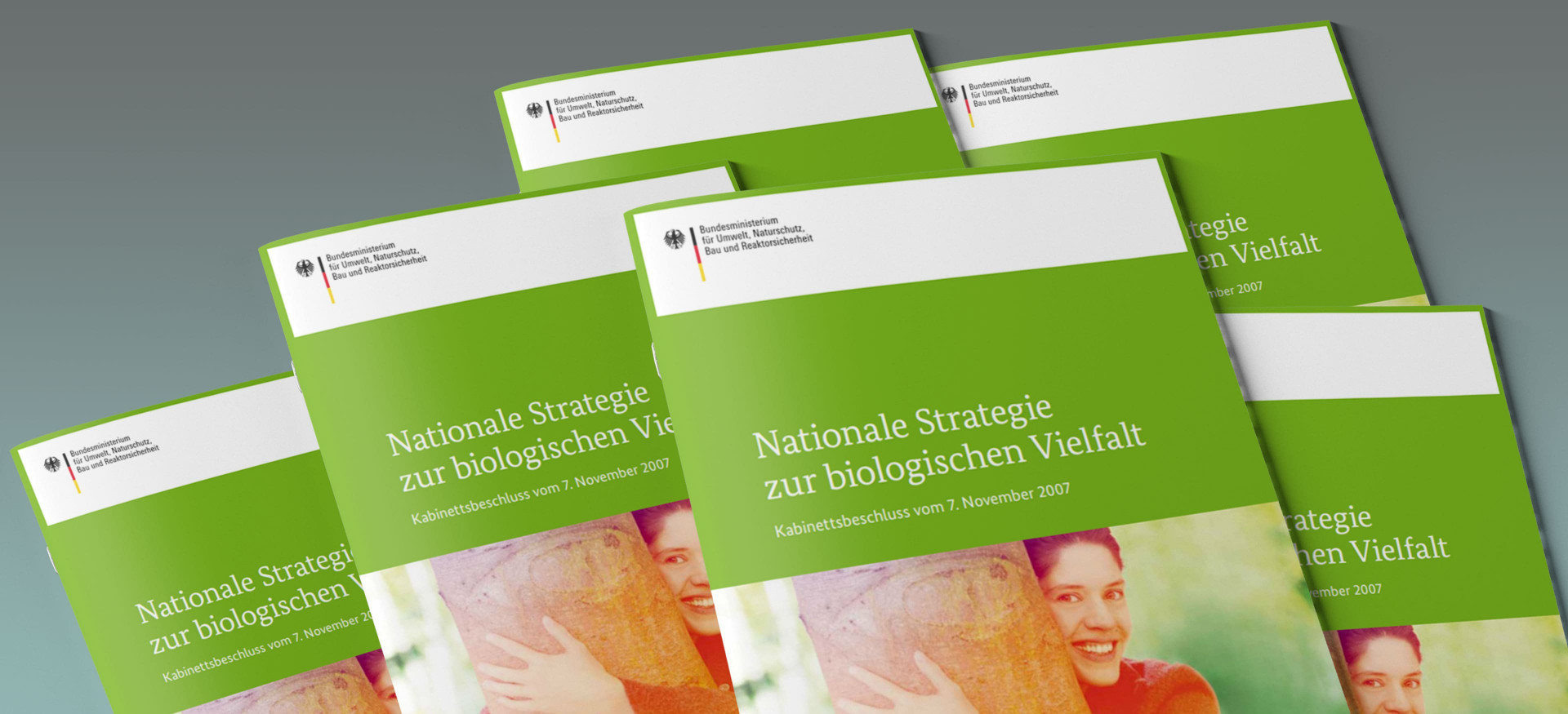 Das Bild zeigt einen Stapel Broschüren mit dem Titel "Nationale Strategie zur biologischen Vielfalt".
