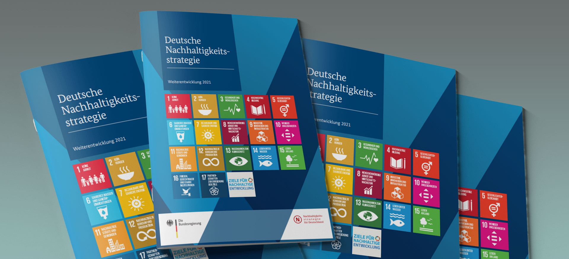 Das Bild zeigt einen Stapel Broschüren mit dem Titel "Deutsche Nachhaltigkeitsstrategie".