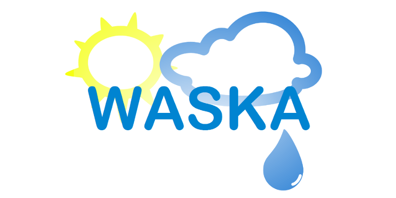 Logo WASKA in blauen Großbuchstaben geschrieben vor gelber Sonne und blauer Wolke mit Regentropfen. 