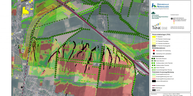 Auf einem Satellitenbild des Ortsteils Werther sind farbig unter anderem Potenziale für Photovoltaik-Anlagen und in farblicher Abstufung Erosionsgefährdungen eingezeichnet.