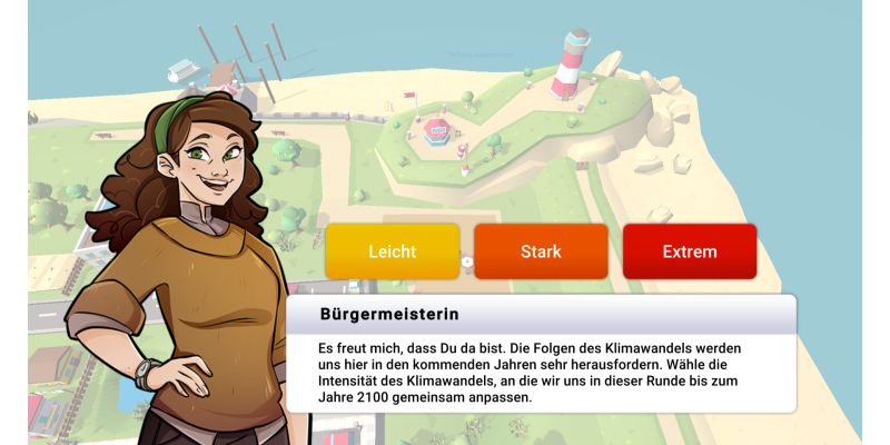 Das Bild zeigt einen Screenshot mit der Auswahl der Stärke des Klimawandels zu Beginn der Spielrunde