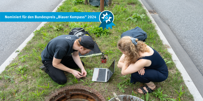 Das Bild beschreibt zwei BGS-Teammitglieder während des Monitorings einer Baumrigole in Hamburg-Bergedorf.