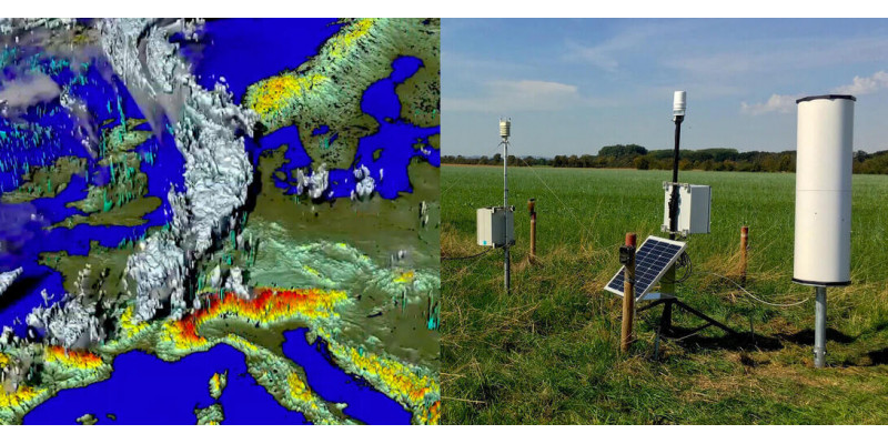 Auf der linken Seite befindet sich eine grafische Darstellung Europas, auf der mit Farben und 3D-Strukturen Wetterphänomene verdeutlicht werden. Auf der rechten Seite befindet sich ein Foto einer Messstation auf einem Feld.
